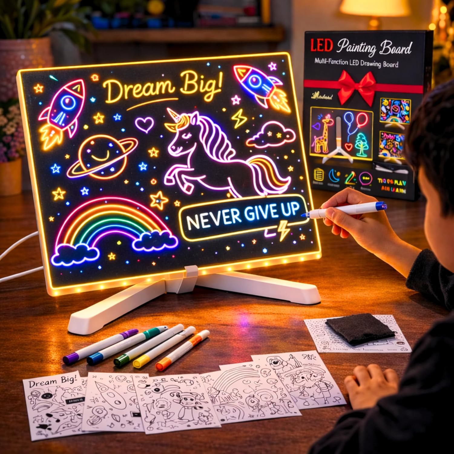 Child drawing on The Sketch Buddy LED board